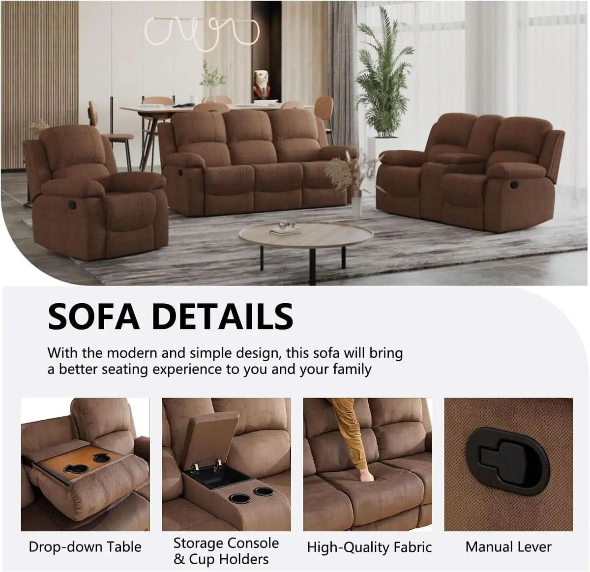 Manual Recliner Sofa Set In Brown Microfiber 3 Piece from PriceLows™