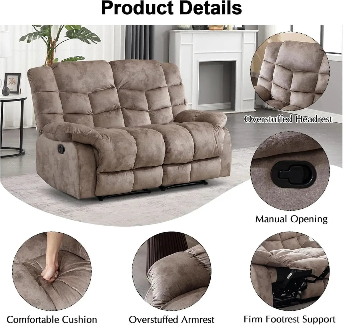 Manual Two Seat Loveseat Recliner Sofa Light Brown from PriceLows™