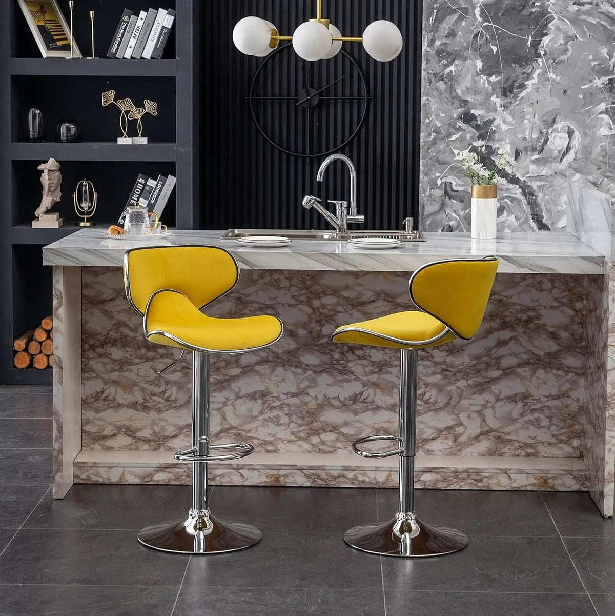 Masaccio Velvet Adjustable Swivel Bar Stool Set Of 2 Yellow from PriceLows™