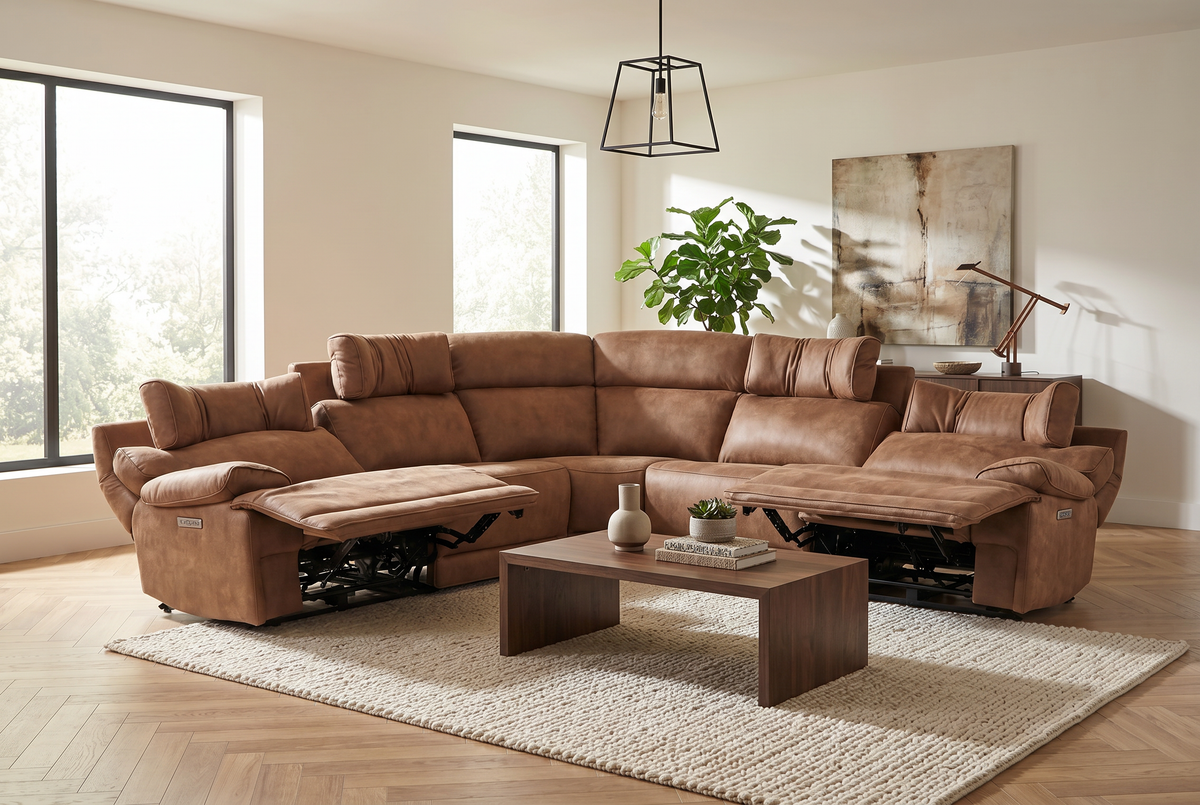 Power Reclining Sectional | 6 Piece | Immersive Sound | Mocha Faux Leather