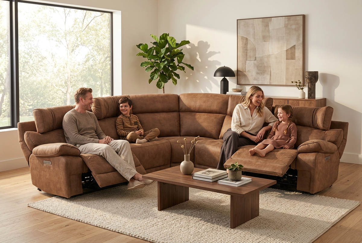 Power Reclining Sectional | 6 Piece | Immersive Sound | Mocha Faux Leather