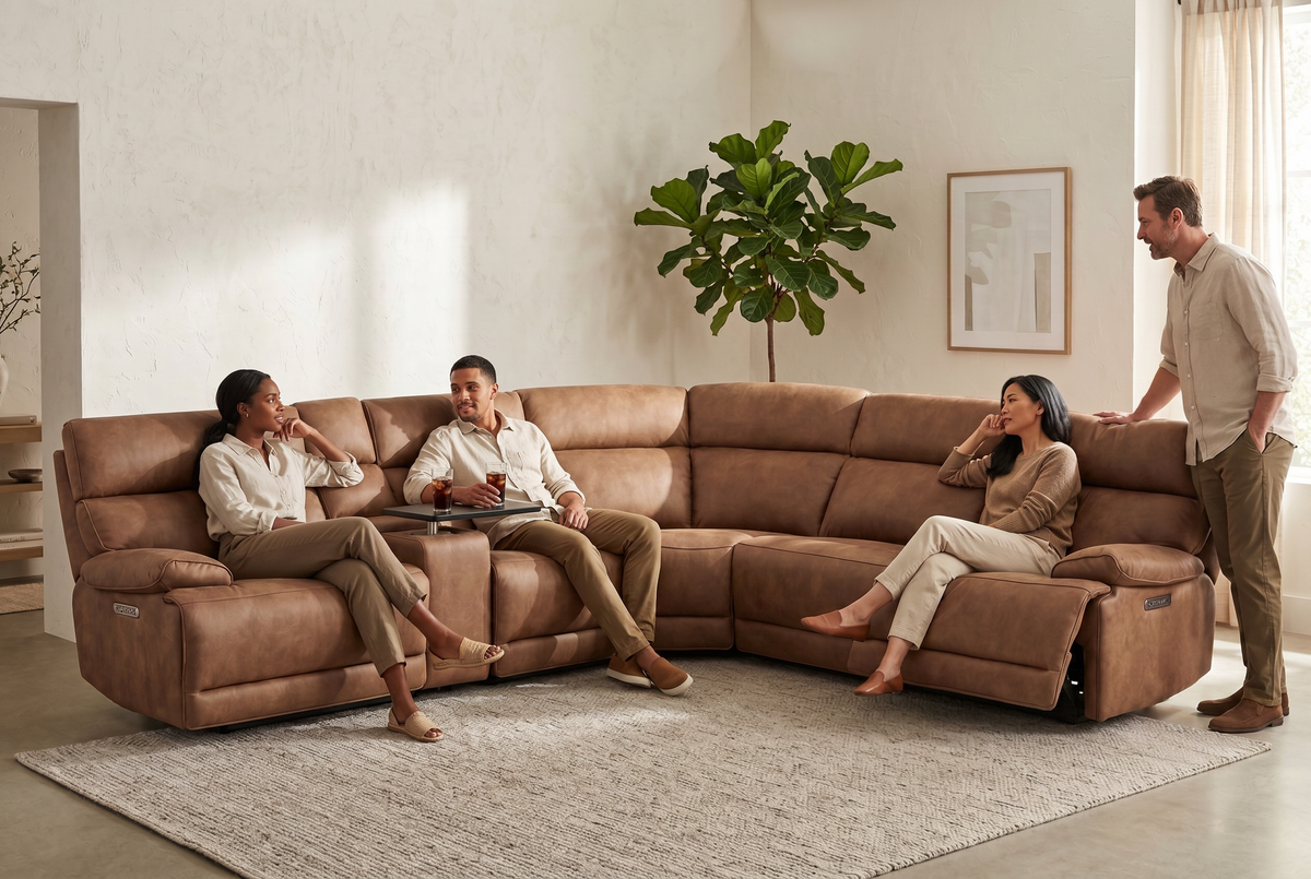 Power Reclining Sectional | 6 Piece | Immersive Sound | Mocha Faux Leather