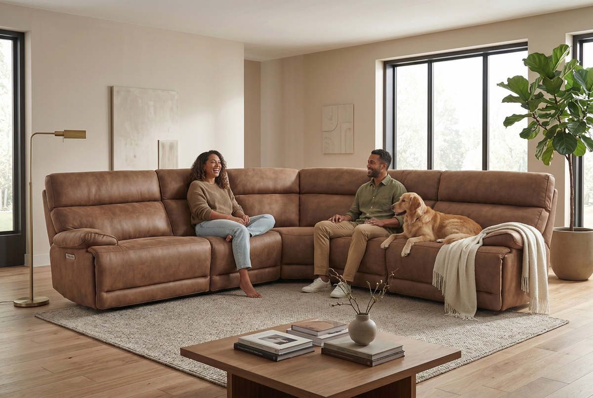Power Reclining Sectional | 6 Piece | Immersive Sound | Mocha Faux Leather