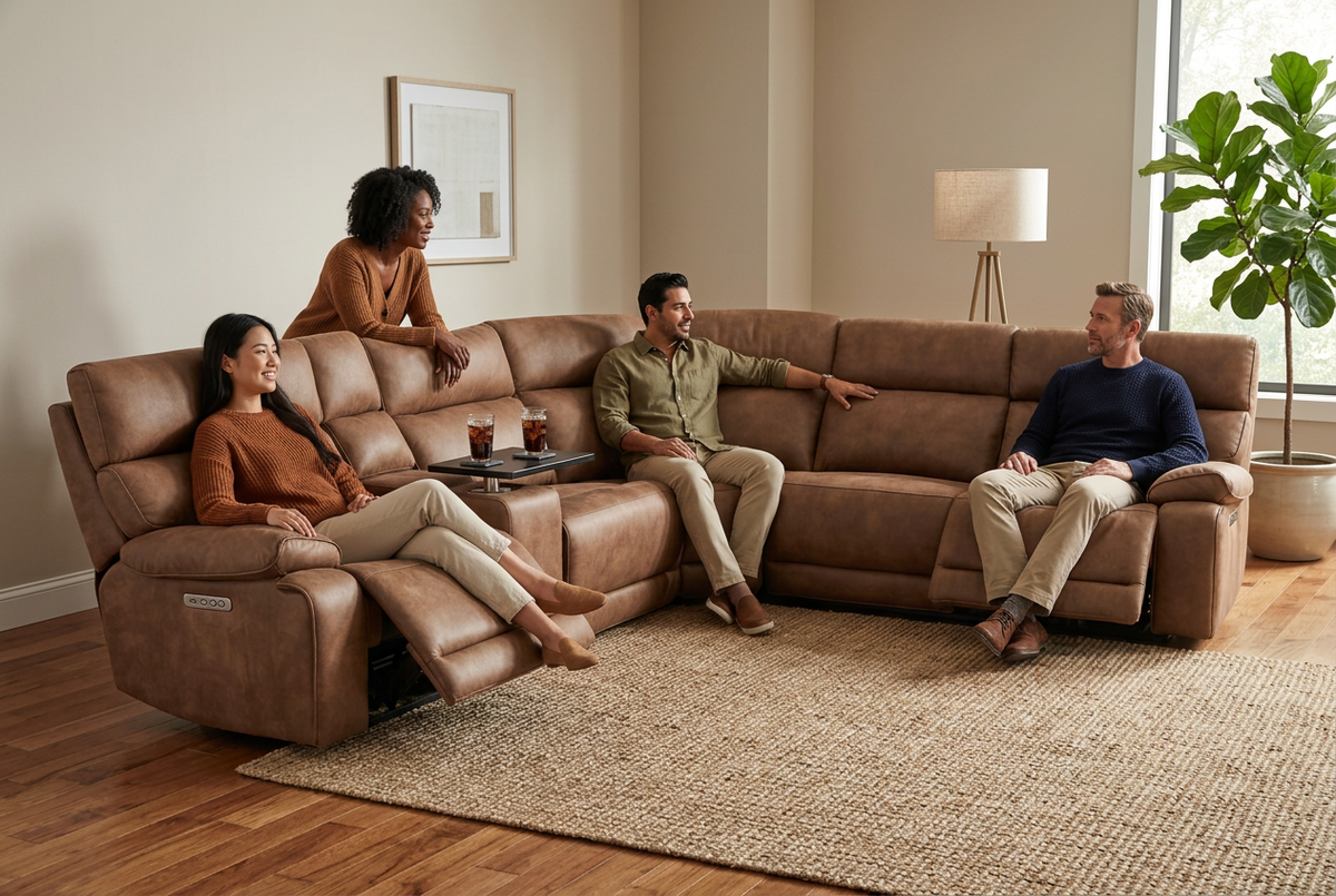 Power Reclining Sectional | 6 Piece | Immersive Sound | Mocha Faux Leather
