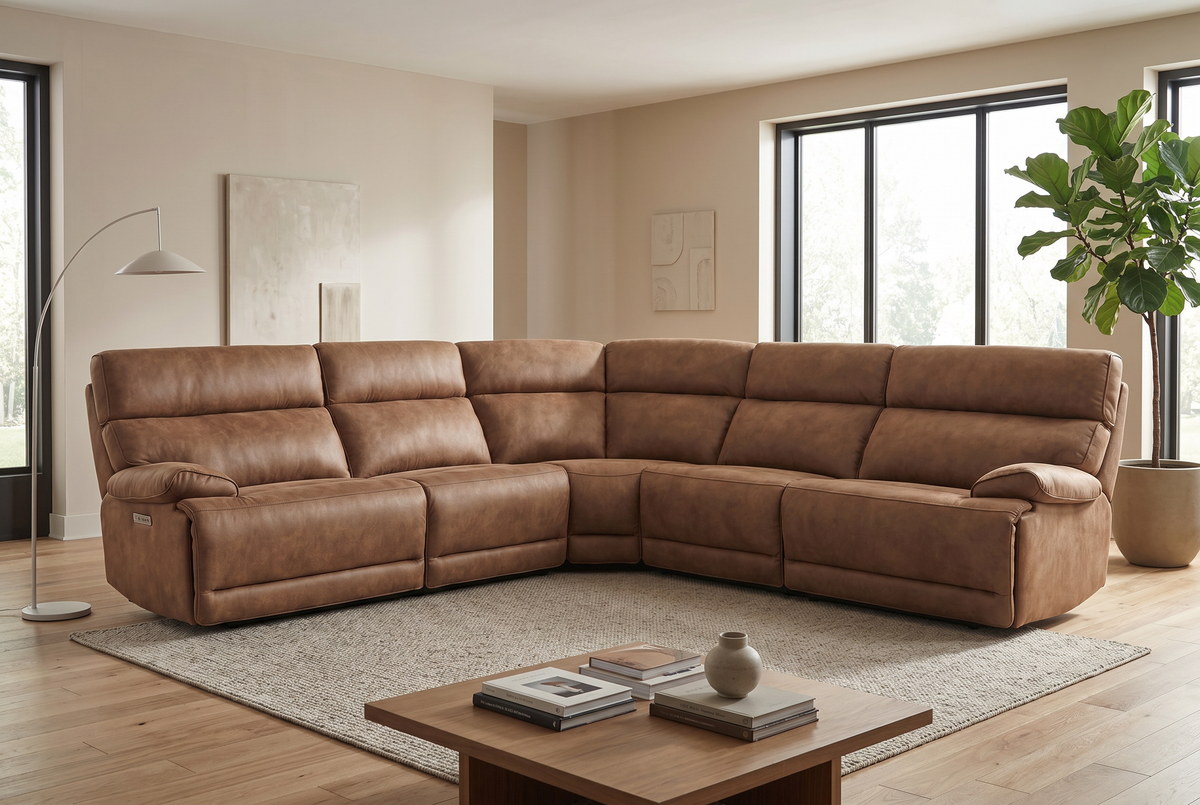 Power Reclining Sectional | 6 Piece | Immersive Sound | Mocha Faux Leather