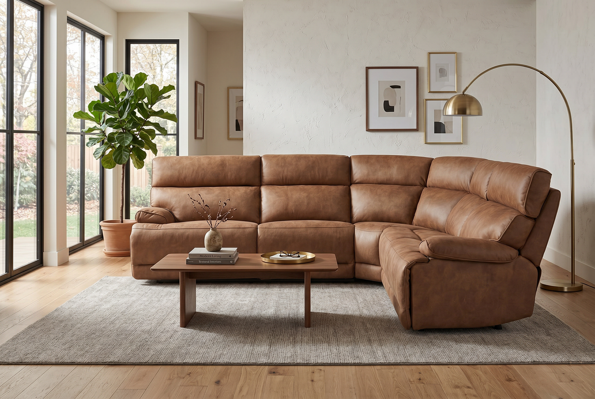 Power Reclining Sectional | 6 Piece | Immersive Sound | Mocha Faux Leather