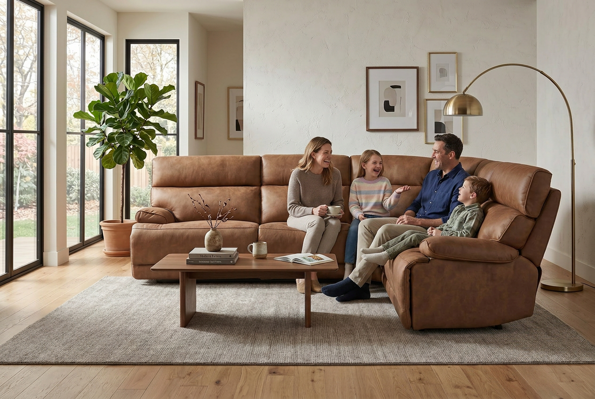 Power Reclining Sectional | 6 Piece | Immersive Sound | Mocha Faux Leather