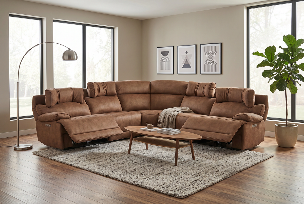 Power Reclining Sectional | 6 Piece | Immersive Sound | Mocha Faux Leather