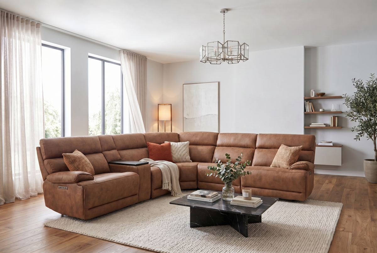 Power Reclining Sectional | 6 Piece | Immersive Sound | Mocha Faux Leather