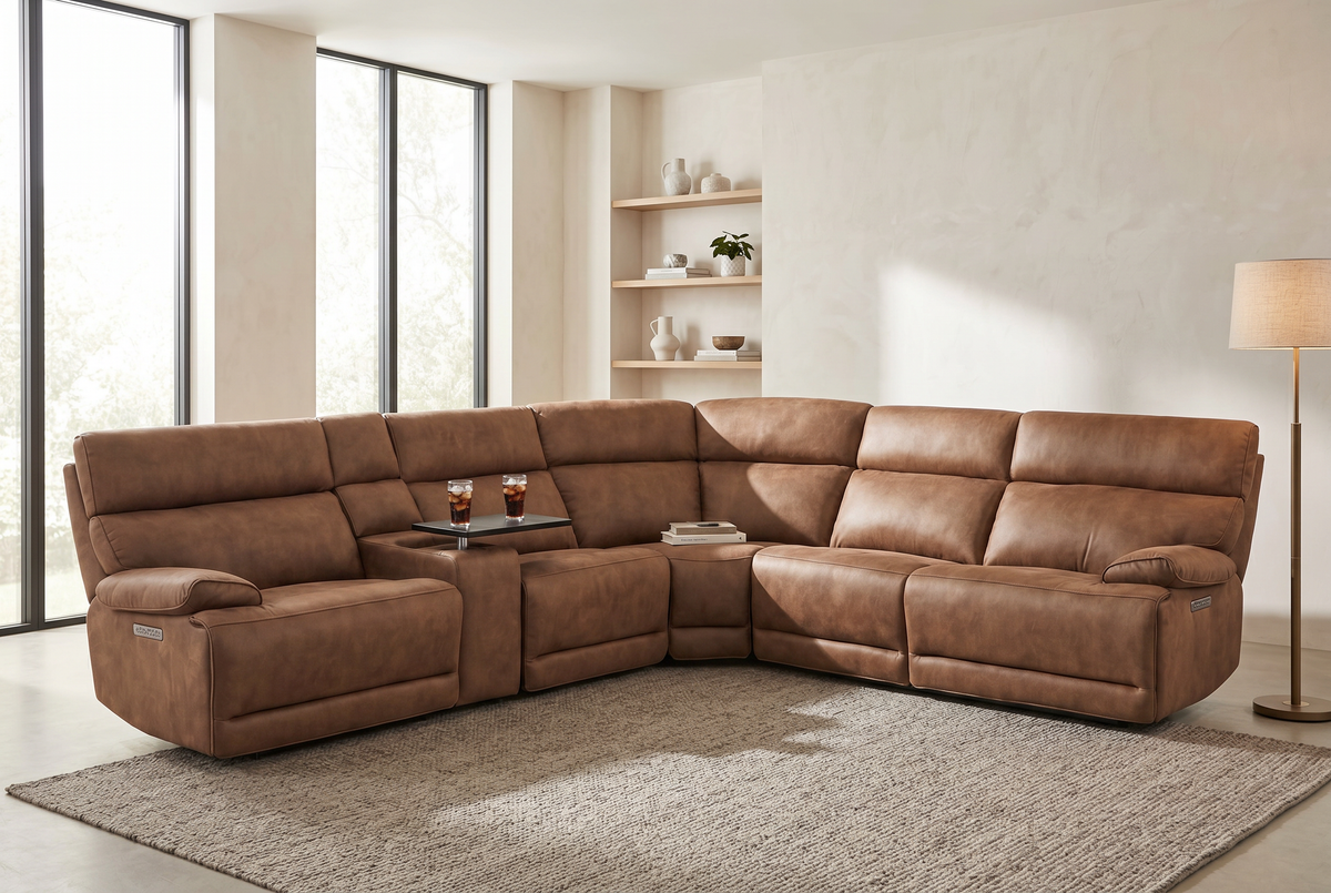 Power Reclining Sectional | 6 Piece | Immersive Sound | Mocha Faux Leather