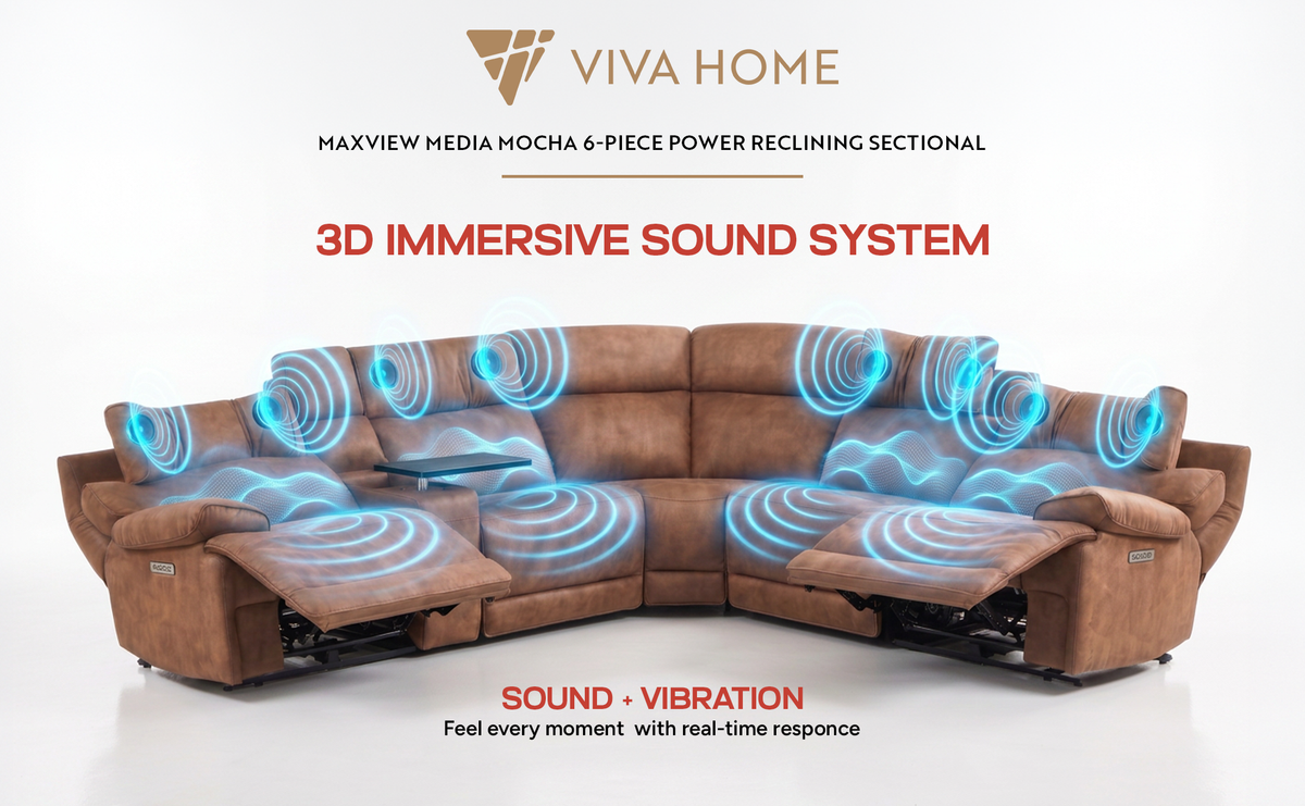 Power Reclining Sectional | 6 Piece | Immersive Sound | Mocha Faux Leather