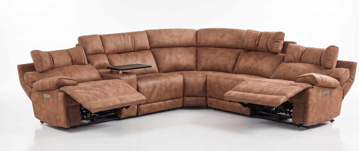 Power Reclining Sectional | 6 Piece | Immersive Sound | Mocha Faux Leather