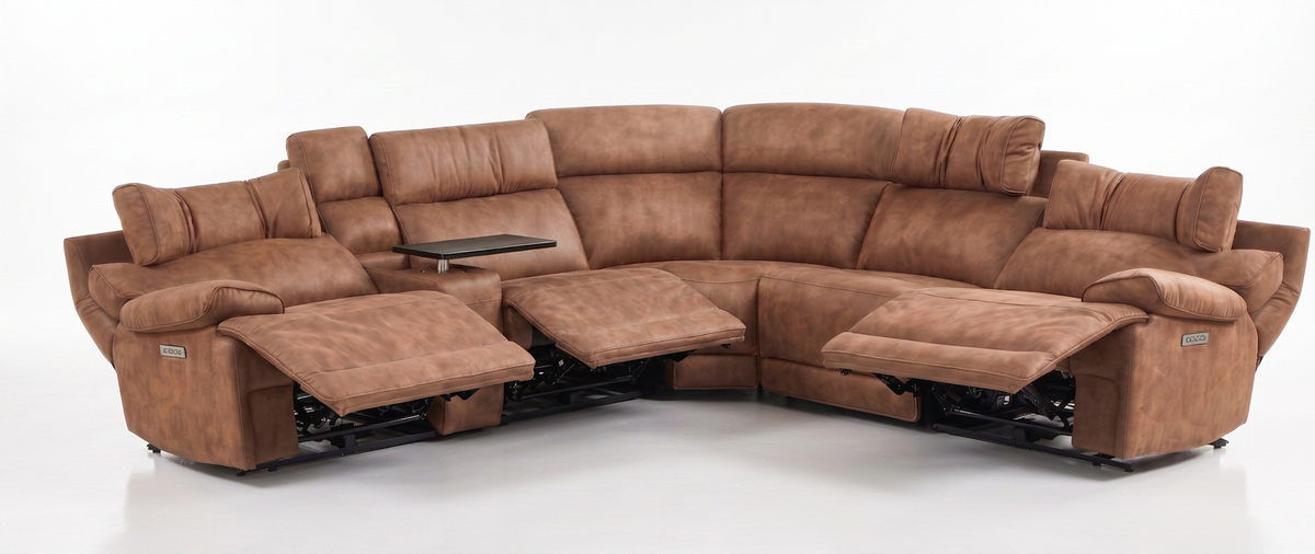 Power Reclining Sectional | 6 Piece | Immersive Sound | Mocha Faux Leather