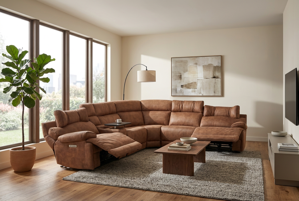 Power Reclining Sectional | 6 Piece | Immersive Sound | Mocha Faux Leather