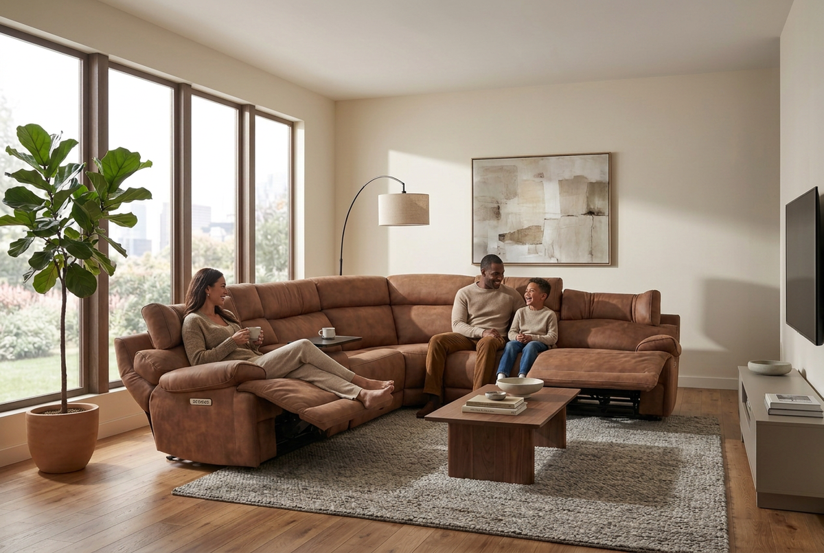 Power Reclining Sectional | 6 Piece | Immersive Sound | Mocha Faux Leather