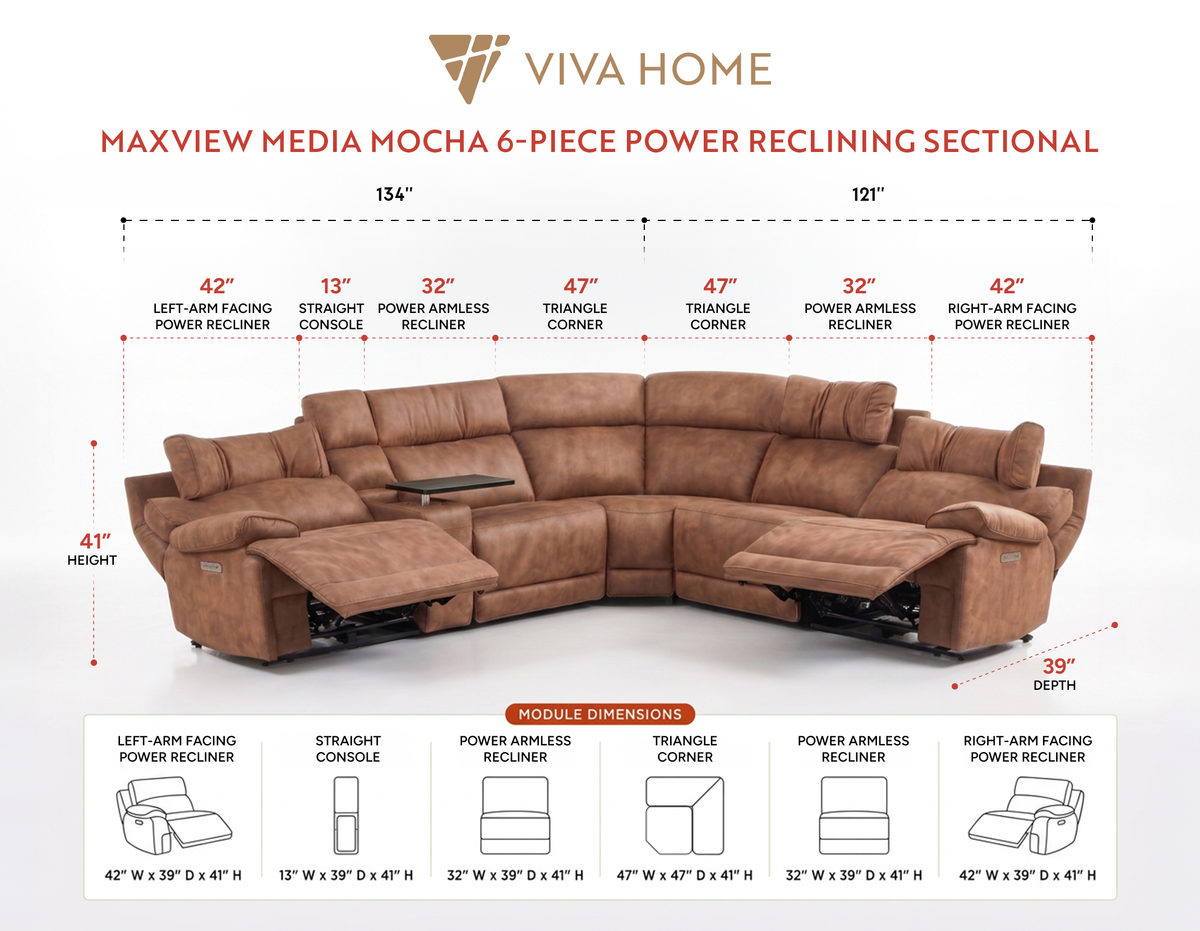 Power Reclining Sectional | 6 Piece | Immersive Sound | Mocha Faux Leather
