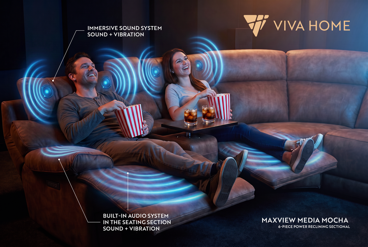 Power Reclining Sectional | 6 Piece | Immersive Sound | Mocha Faux Leather