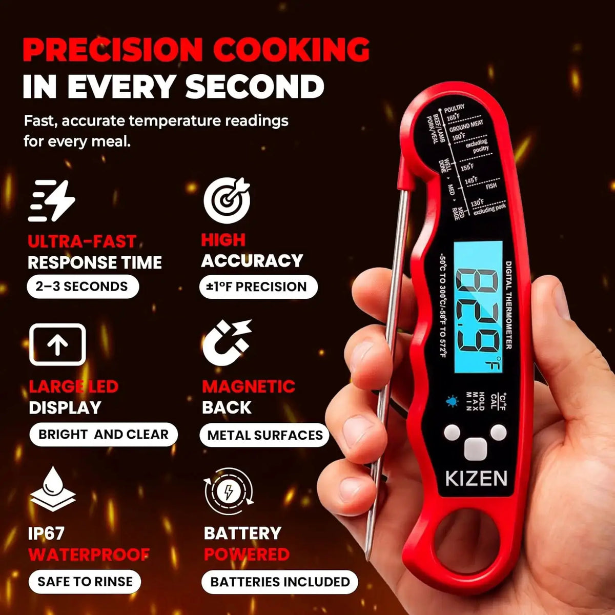 Instant Read Meat Thermometer Digital - Fast 3s Cooking Thermometer for Grill, Oven, BBQ with Large Backlit Display and Magnetic from PriceLows™