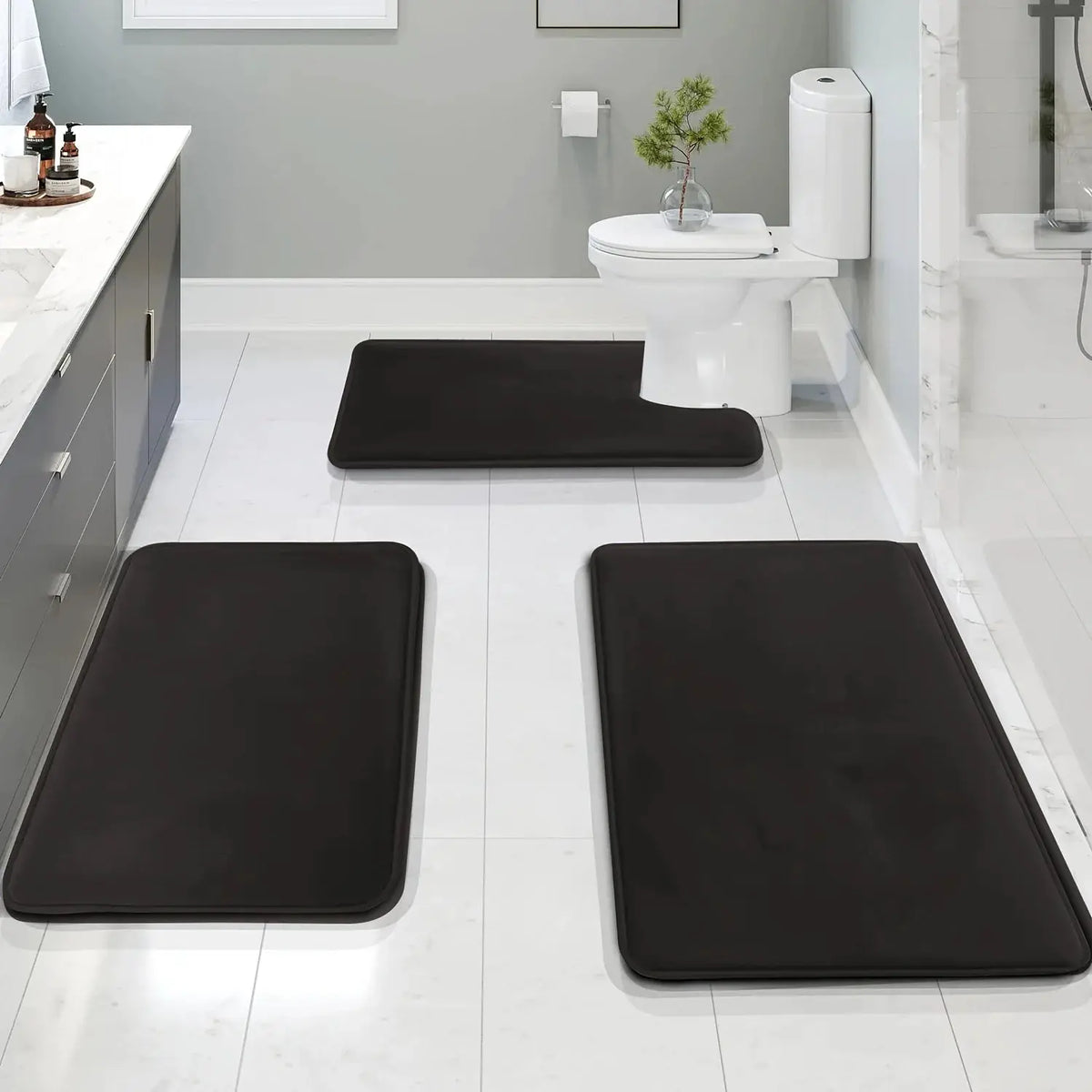 Set of 3 Durable Memory Foam Bath Mats with Non-Slip Features, Including a U-Shaped Mat And a Toilet from PriceLows™