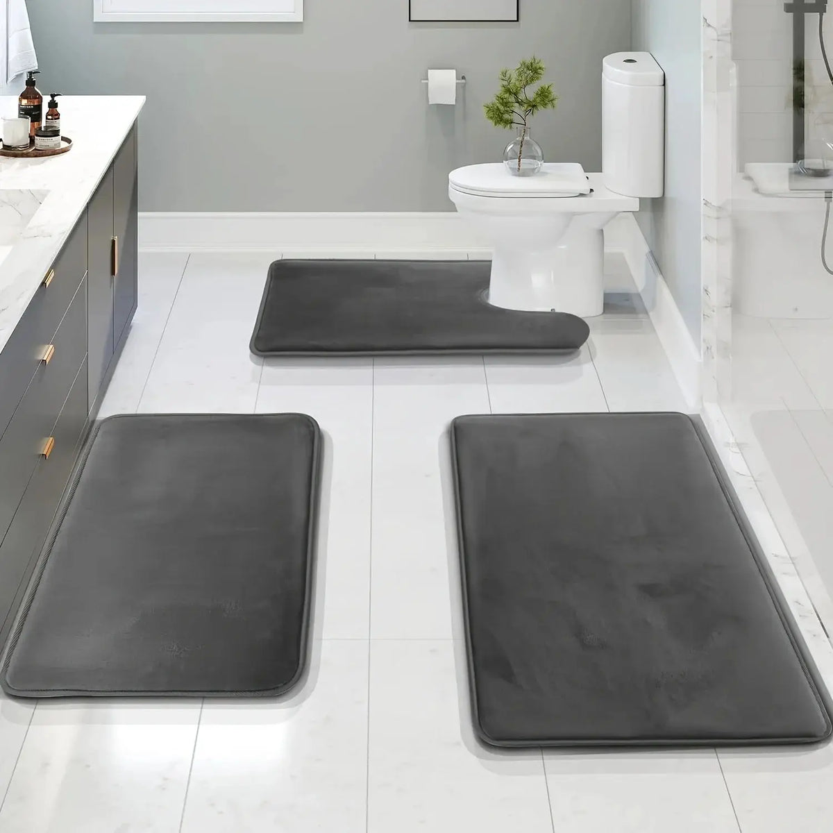 Set of 3 Durable Memory Foam Bath Mats with Non-Slip Features, Including a U-Shaped Mat And a Toilet from PriceLows™