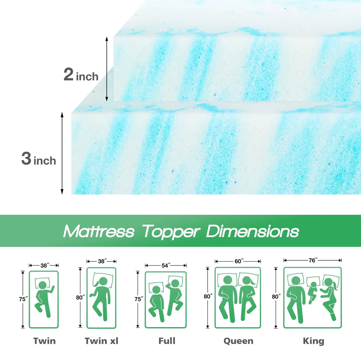 JHK 2-3 Inch Gel Memory Foam Mattress Topper Full Size Cooling Mattress Soft and Breathable Bed Topper School Bedroom Furniture from PriceLows™