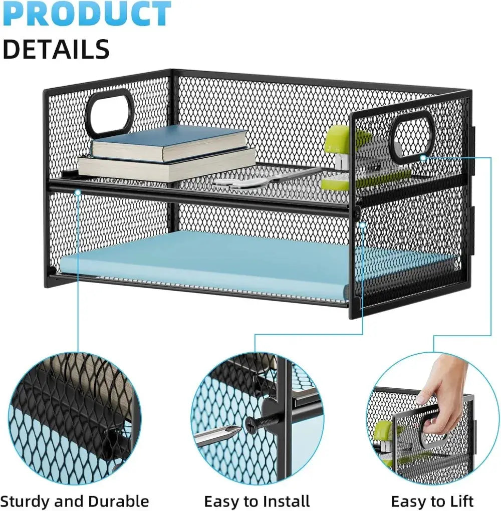 2 Tier Mesh Paper Organizer Letter Tray with Handle, File Sorter for Home Office Desk - Black from PriceLows™