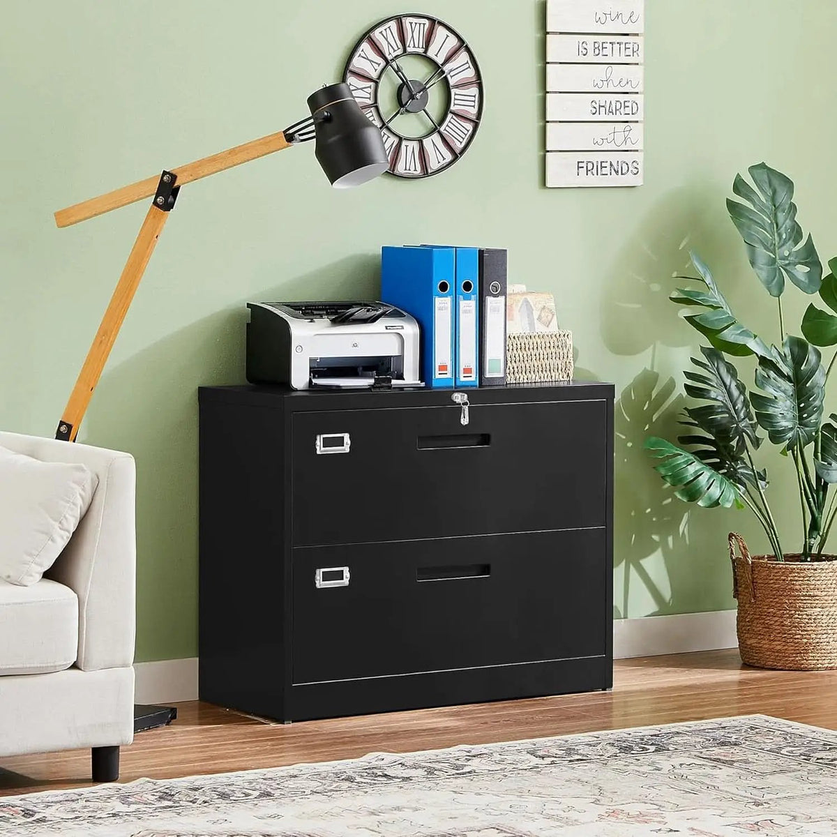 Metal Lateral File Cabinet With Lock 2 Drawer Black Steel from PriceLows™
