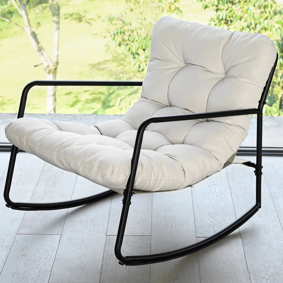 SEEHILL Outdoor Rocking Chair, Metal Patio Rocking Chair, Indoor Rocking Chair with Cushion, Papasan Rocking Lounge Chair, Comfy Modern Rocker Chair for Porch, Living Room, Garden, Backyard, Off-White from PriceLows™