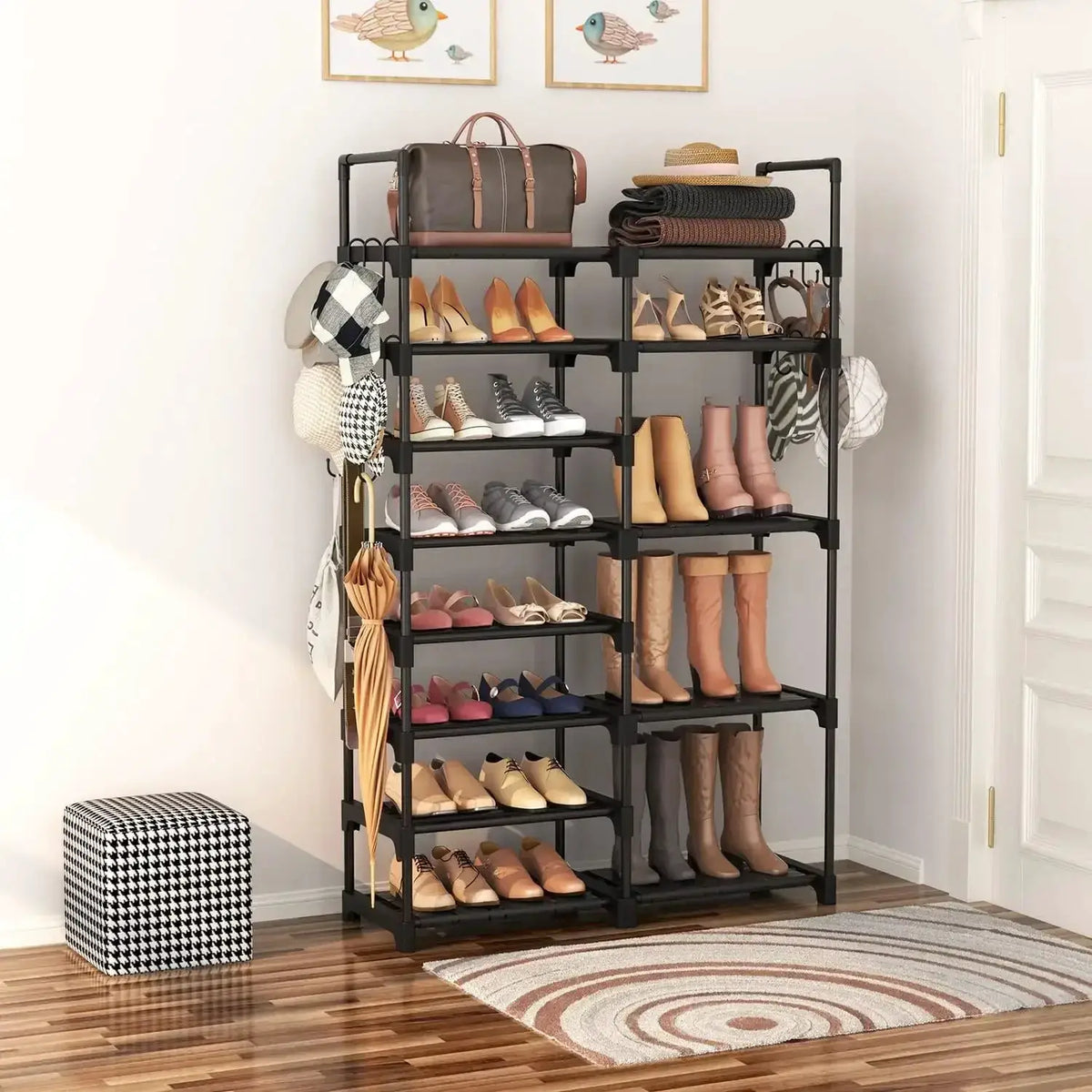 8-Tier Metal Shoe Rack Organizer, 26-32 Pairs Large Capacity Storage, Stackable Shoe Stand with 15 Hooks for Closet Entryway from PriceLows™