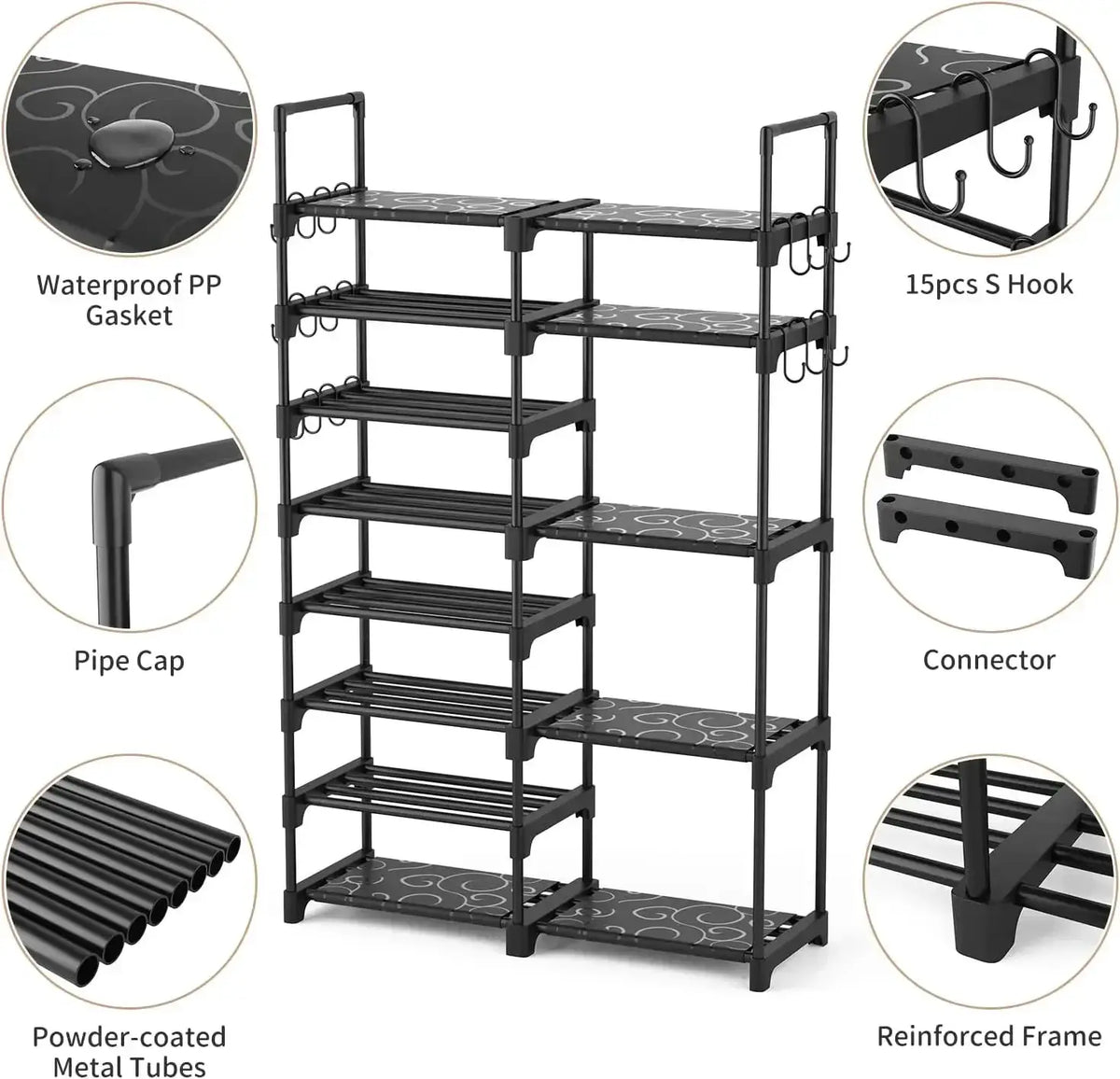 8-Tier Metal Shoe Rack Organizer, 26-32 Pairs Large Capacity Storage, Stackable Shoe Stand with 15 Hooks for Closet Entryway from PriceLows™