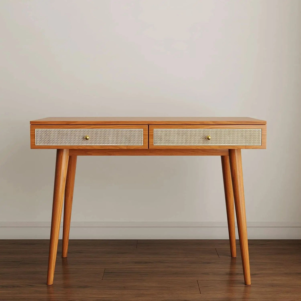 Mid Century Modern Solid Wood Desk With Drawers 45 Inch Rattan Writing Desk from PriceLows™