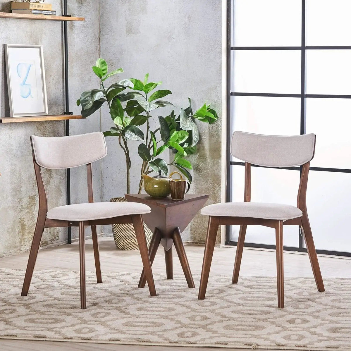 Mid Century Walnut Frame Dining Chairs Light Beige Set 2 from PriceLows™