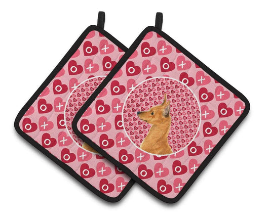 Pot Holder Set of 2 | Heat Resistant Quilted Hot Pads | 7.5 x 7.5 Inch | Min Pin Hearts Love and Valentine's Day Portrait