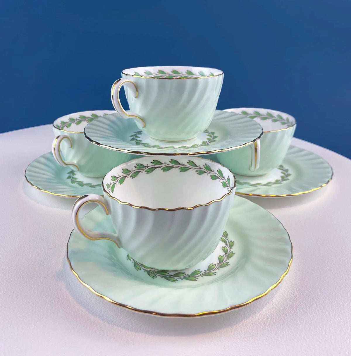 4 Minton Porcelain Cups and Saucers | Creamy Green & White Set with Delicate Leaf Garland Motif | Dining Room Table Decor | Collectors & Hosts