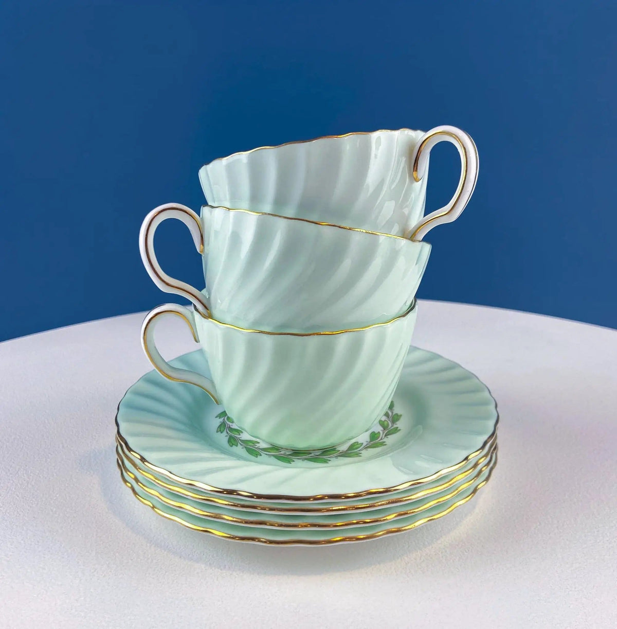 4 Minton Porcelain Cups and Saucers | Creamy Green & White Set with Delicate Leaf Garland Motif | Dining Room Table Decor | Collectors & Hosts