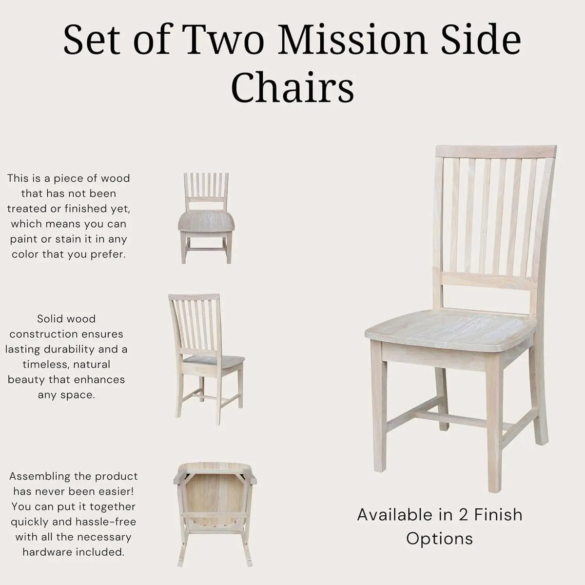 Mission Side Dining Chairs Set Of 2 Solid Parawood Unfinished 39.2 Inch Height from PriceLows™