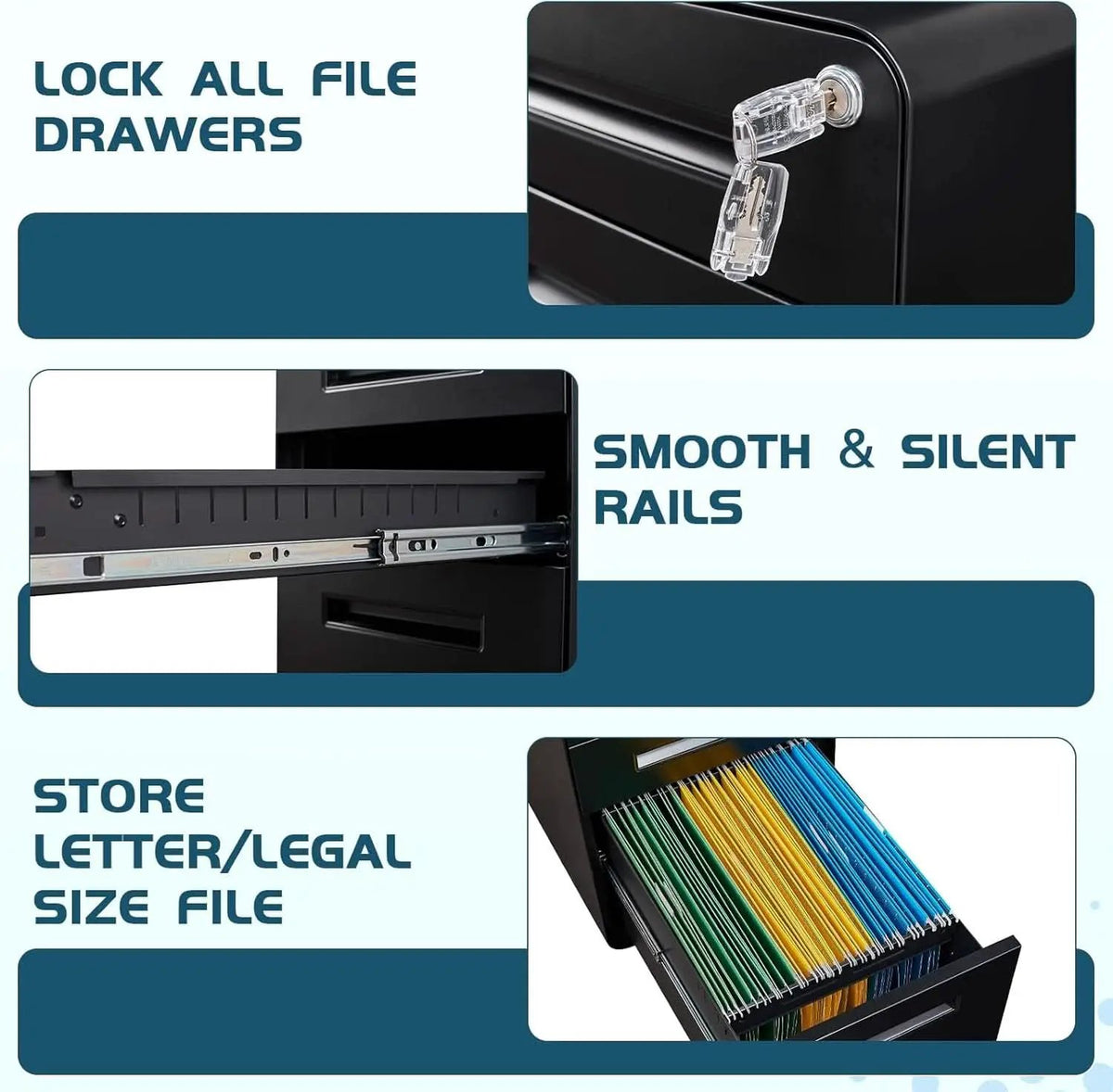 Mobile 3 Drawer Filing Cabinet With Lock Black Rolling from PriceLows™