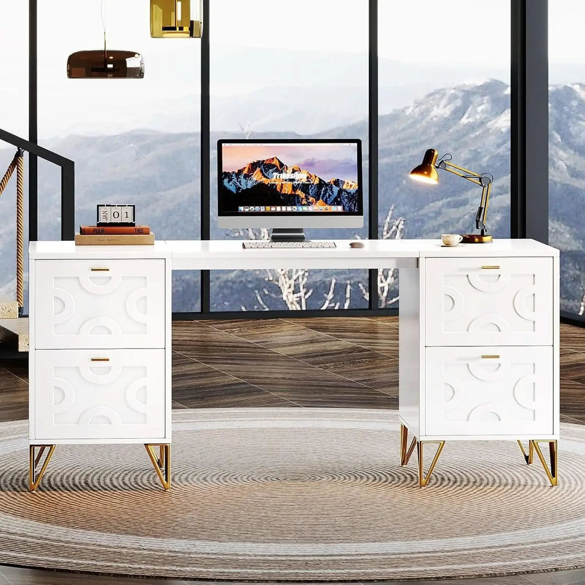 Modern 59 Inch White Executive Computer Desk with Drawers from PriceLows™