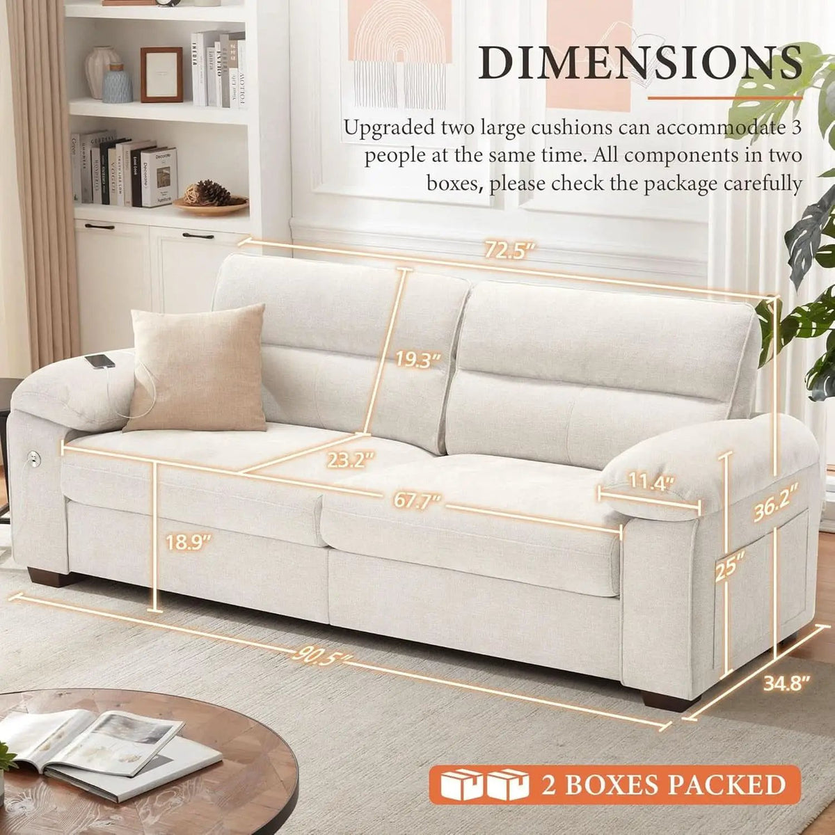 Modern 90.5 Inch Chenille Sofa With USB Charging from PriceLows™