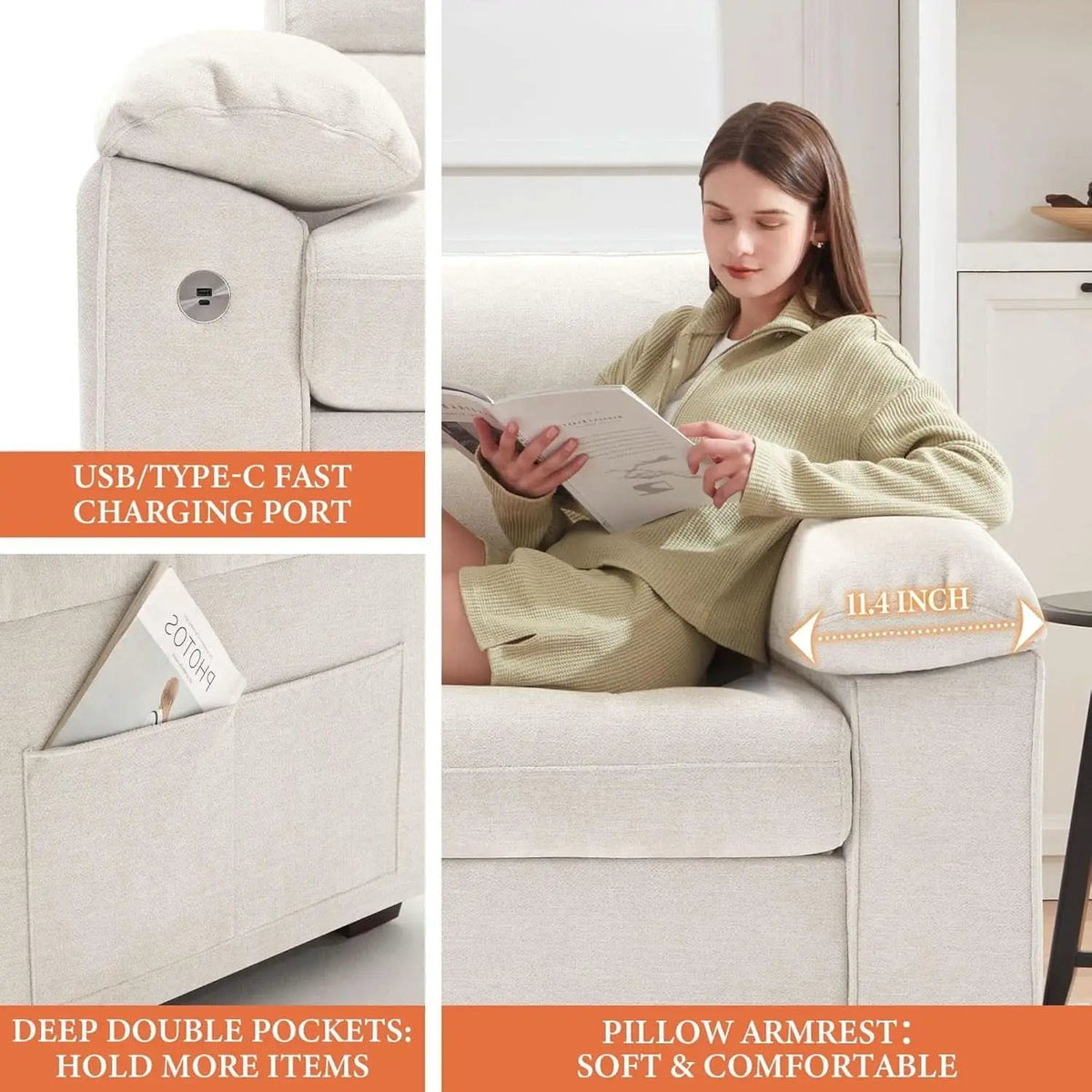 Modern 90.5 Inch Chenille Sofa With USB Charging from PriceLows™