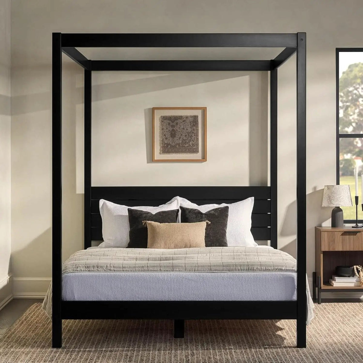 Modern Black Queen Canopy Bedframe with Slatted Headboard from PriceLows™