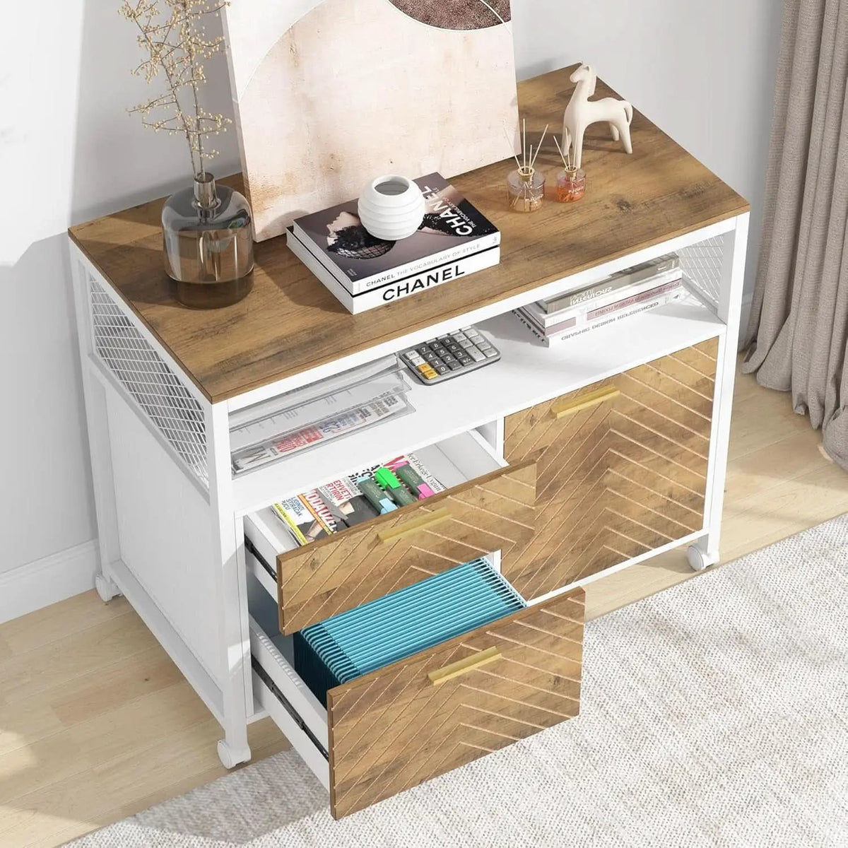 Modern File Cabinet With Drawers In Dark Walnut Casters from PriceLows™