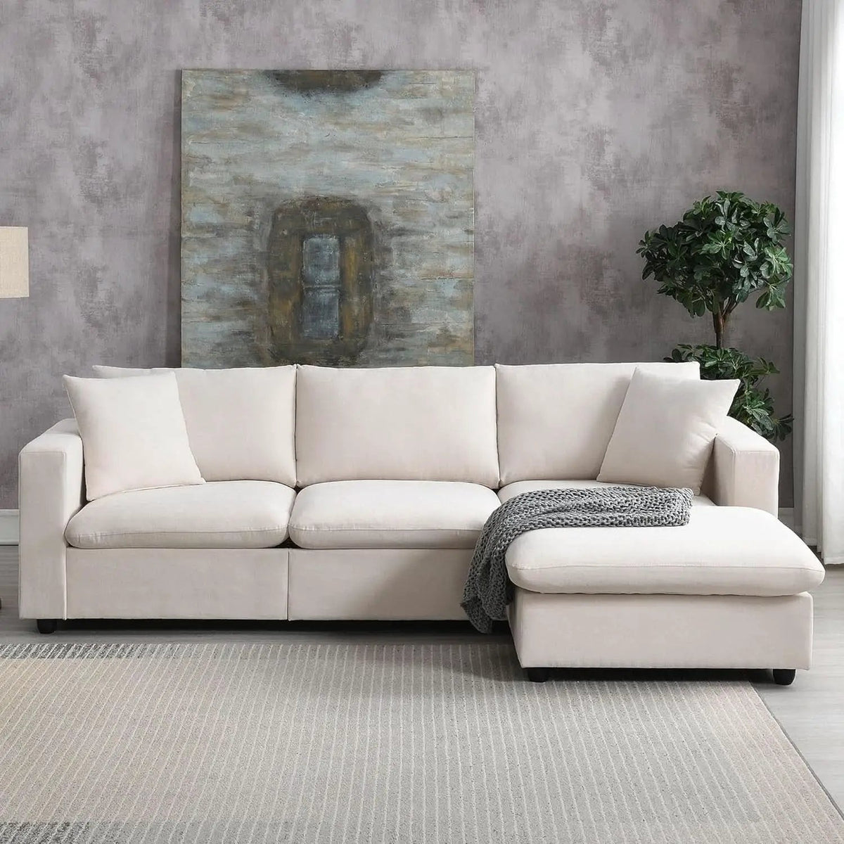 Modern L Shaped Beige Cloud Sofa With Convertible Ottoman from PriceLows™