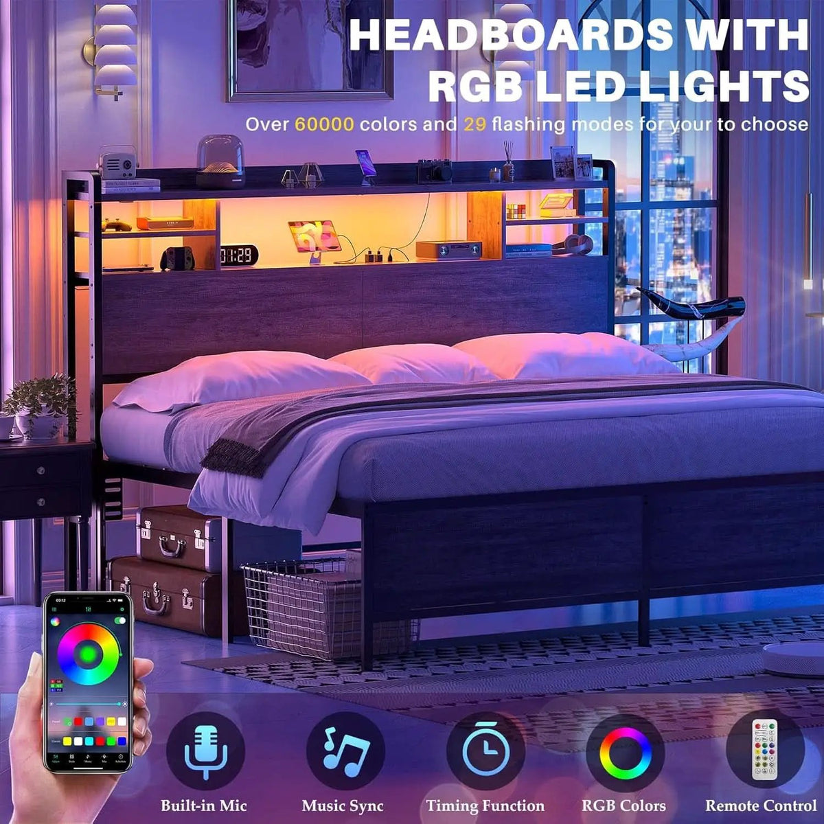 Modern Queen Size Headboard with Storage and USB Ports from PriceLows™