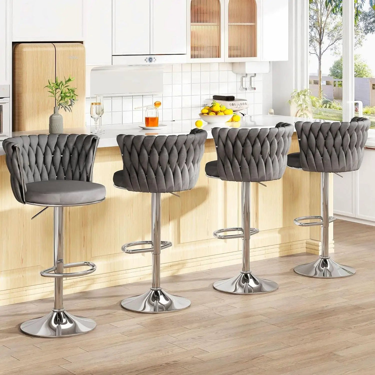 Modern Velvet Swivel Bar Stools Set of Four