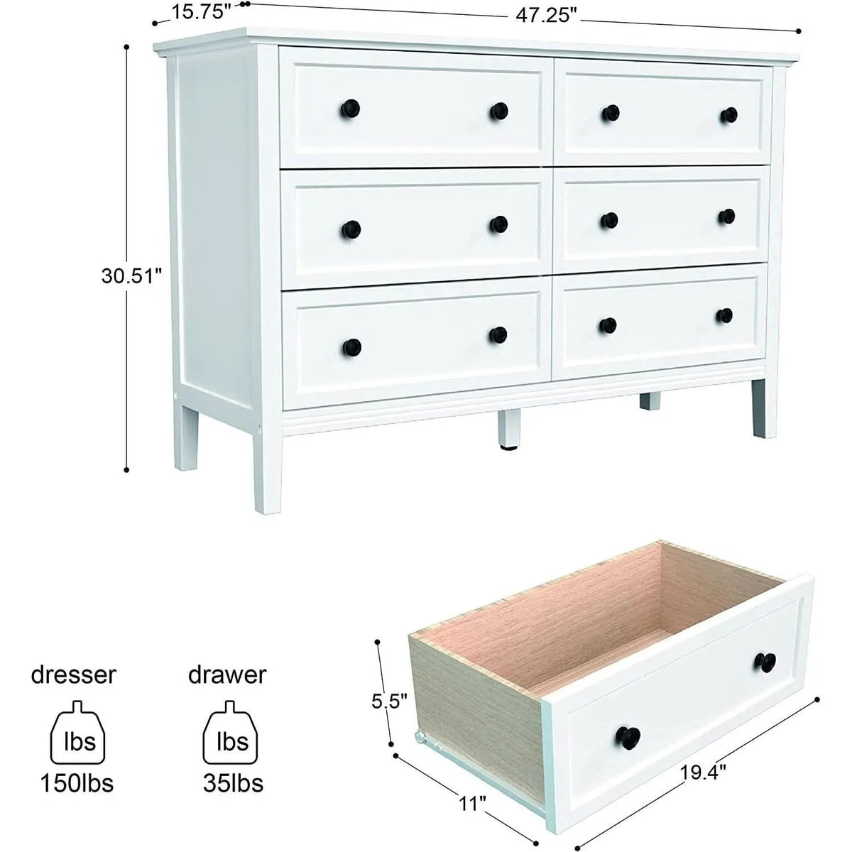 Modern White 6-Drawer Dresser With Metal Handles Bedroom from PriceLows™