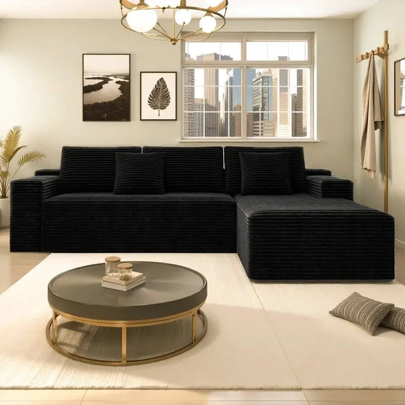 Modular Sectional Sofa Seat, Upholstered Compressed Couch for Living Room Bedroom Apartment, 2PC Free Combination, Plush Corduroy Fabric, Black from PriceLows™