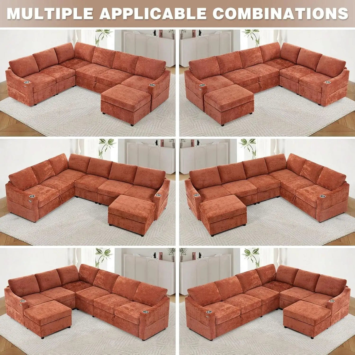 116Inch Orange Chenille Fabric Modular Sleeper Sofa USB from PriceLows™
