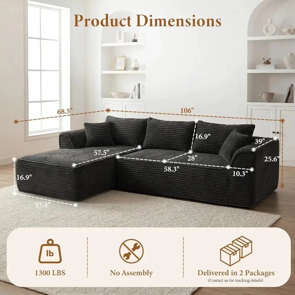 Boneless Couch with Chaise, Deep Seat Comfy Cloud Modular Sofa Corduroy Memory Foam Sectional Couches ,Customized from PriceLows™