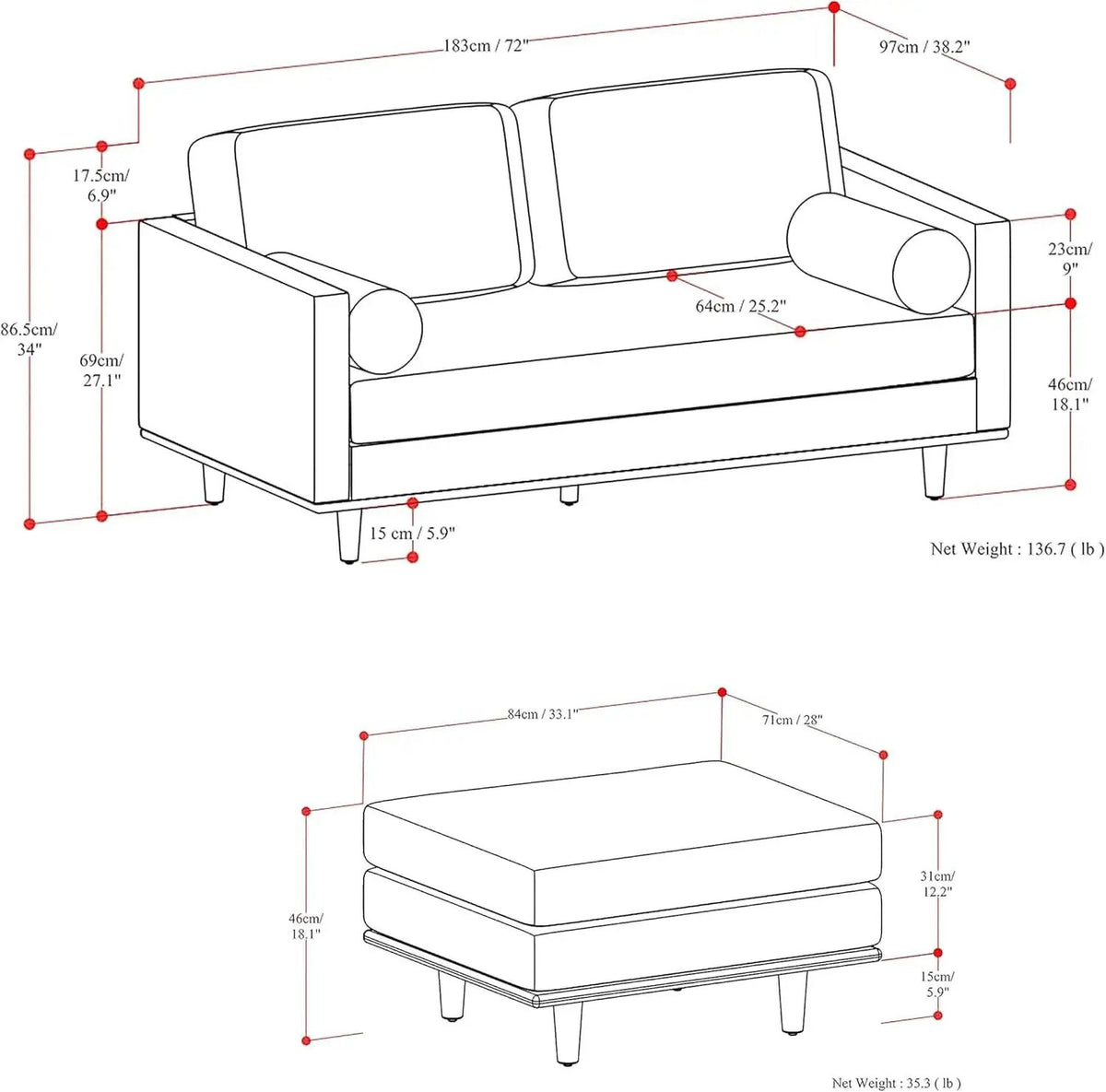Morrison 72 Inch Mid Century Modern Sofa Set Mist Grey